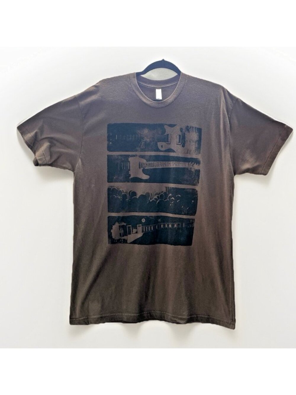 American Apparel Mens Graphic T Shirt Brown Black Panel Guitar Size XL Made USA